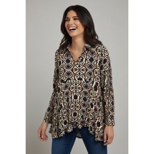 Simply Noelle L/XL Womens Tunic Top Boho Medallion Print Long Sleeve
